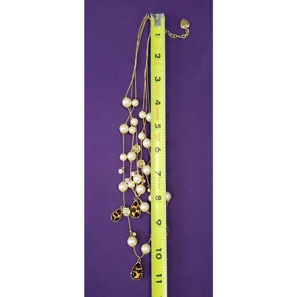 Betsey Johnson Multi Strand Necklace Faux Pearl Leopard Rose Statement Gold Tone - Picture 6 of 7